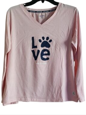 Life Is Good Pink V-Neck Sleep Tee with Love With a Paw Print